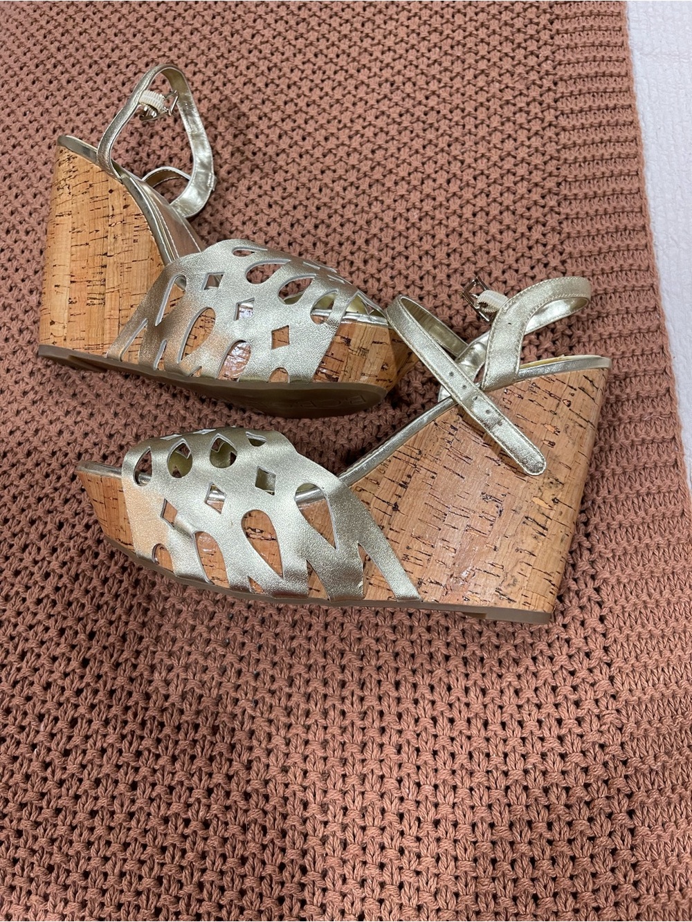 BCBG Metallic Gold Cutout Cork Wedge Sandals